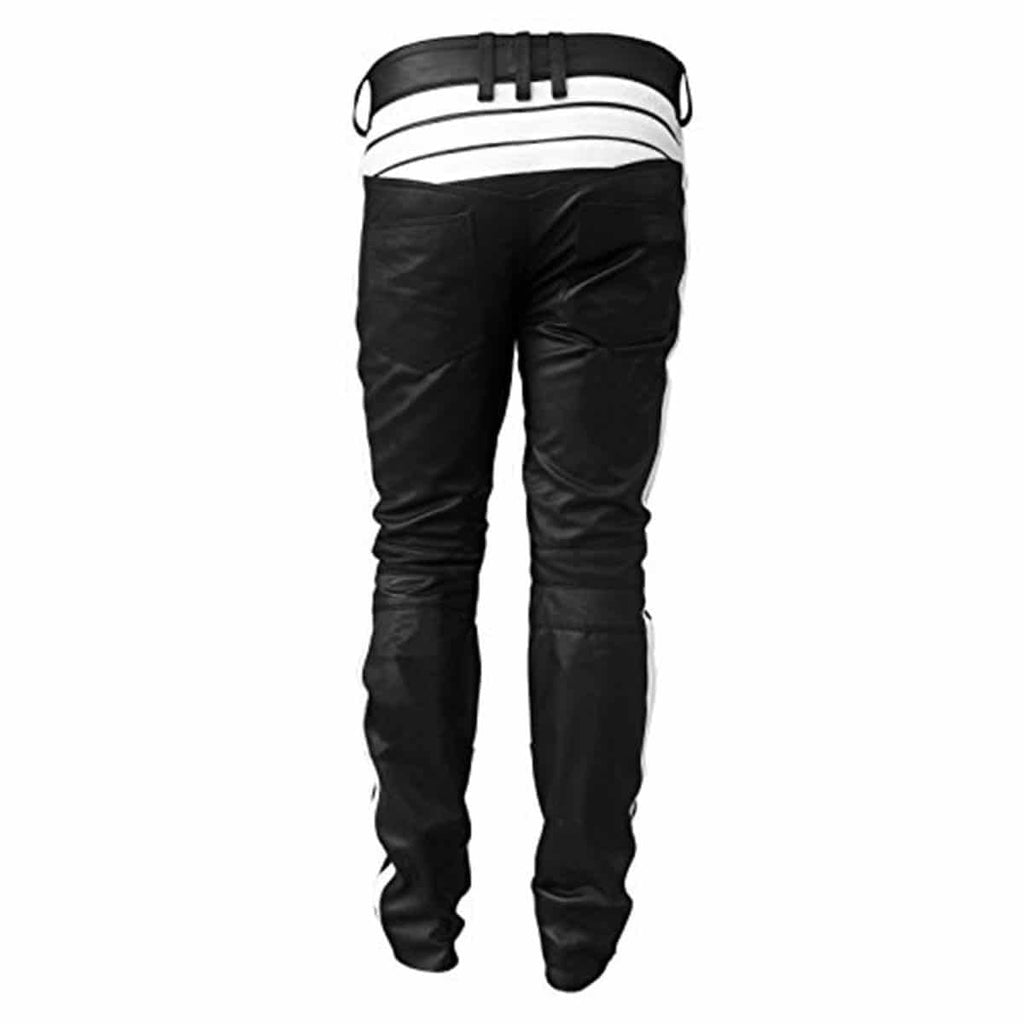 Men's Black & White Leather Biker Trousers – Padded Knees, view 3