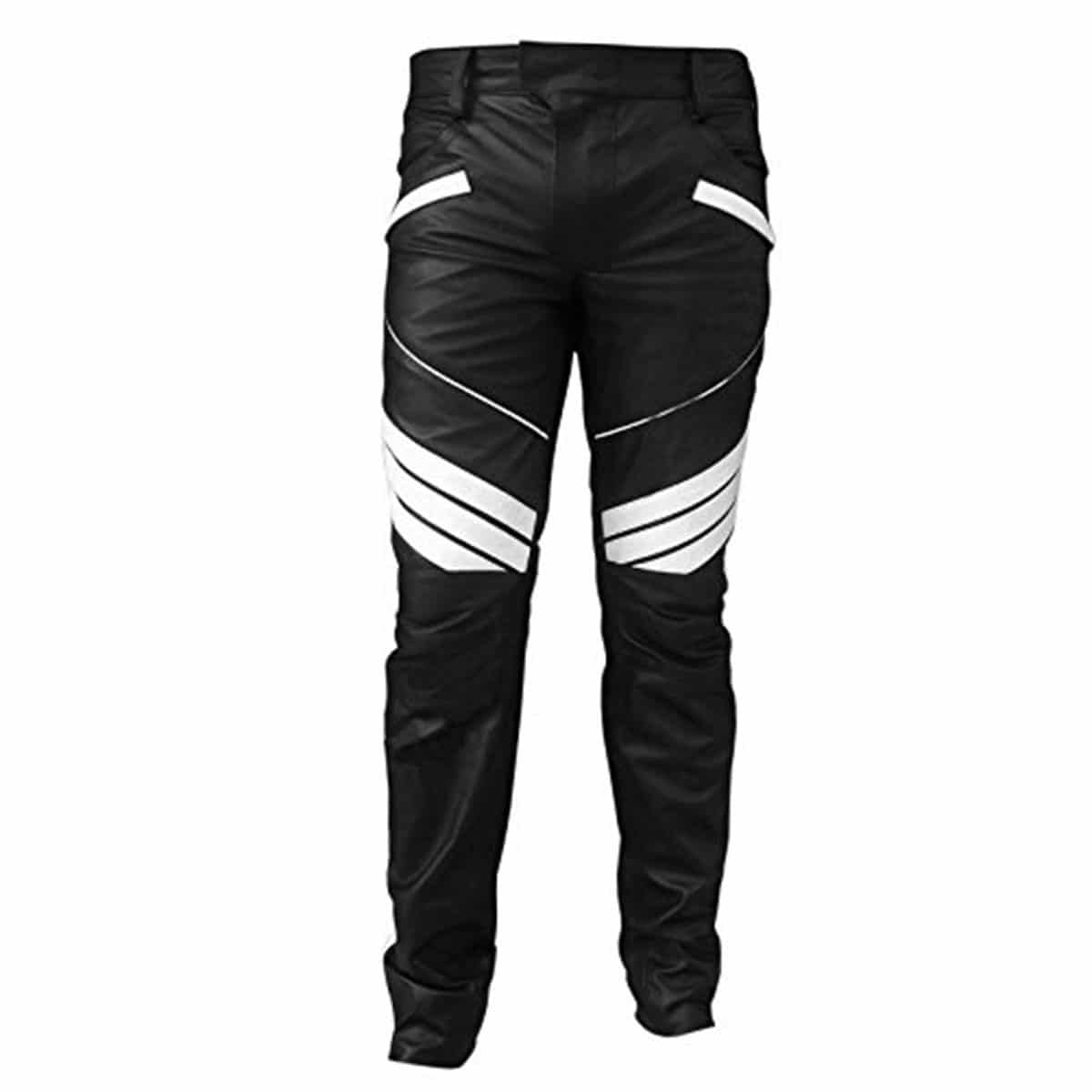 Men's Black & White Leather Biker Trousers – Padded Knees, view 4