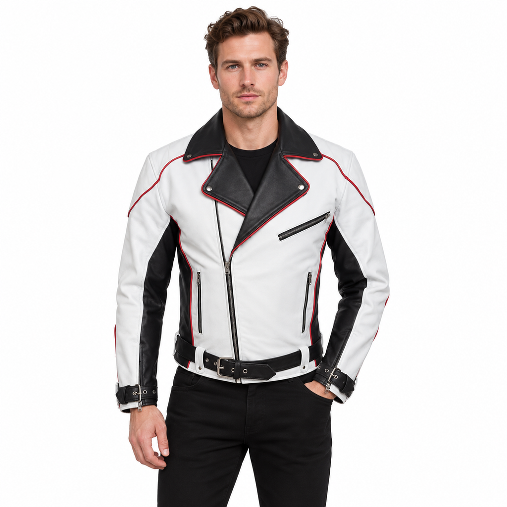Men's Black & White Leather Racer Jacket – Red Piping