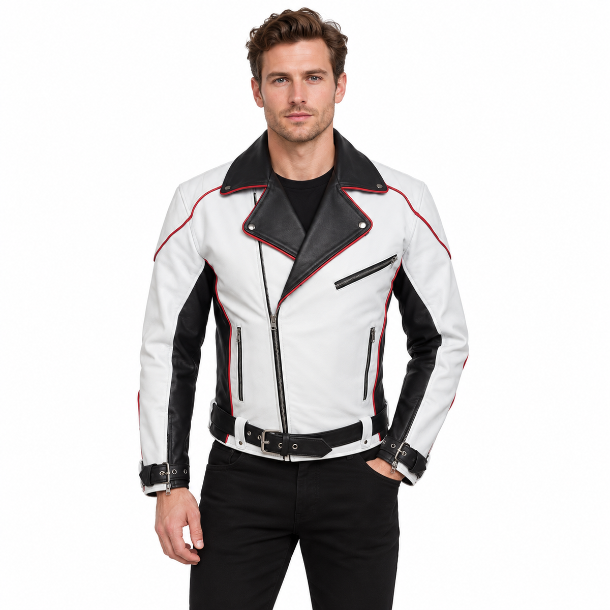 Men's Black & White Leather Racer Jacket – Red Piping