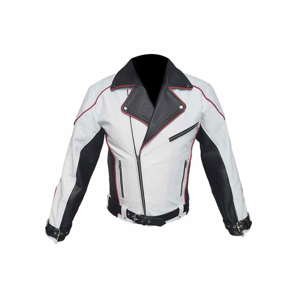 Men's Black & White Leather Racer Jacket – Red Piping, view 2