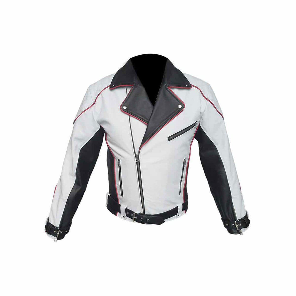 Men's Black & White Leather Racer Jacket – Red Piping, view 2