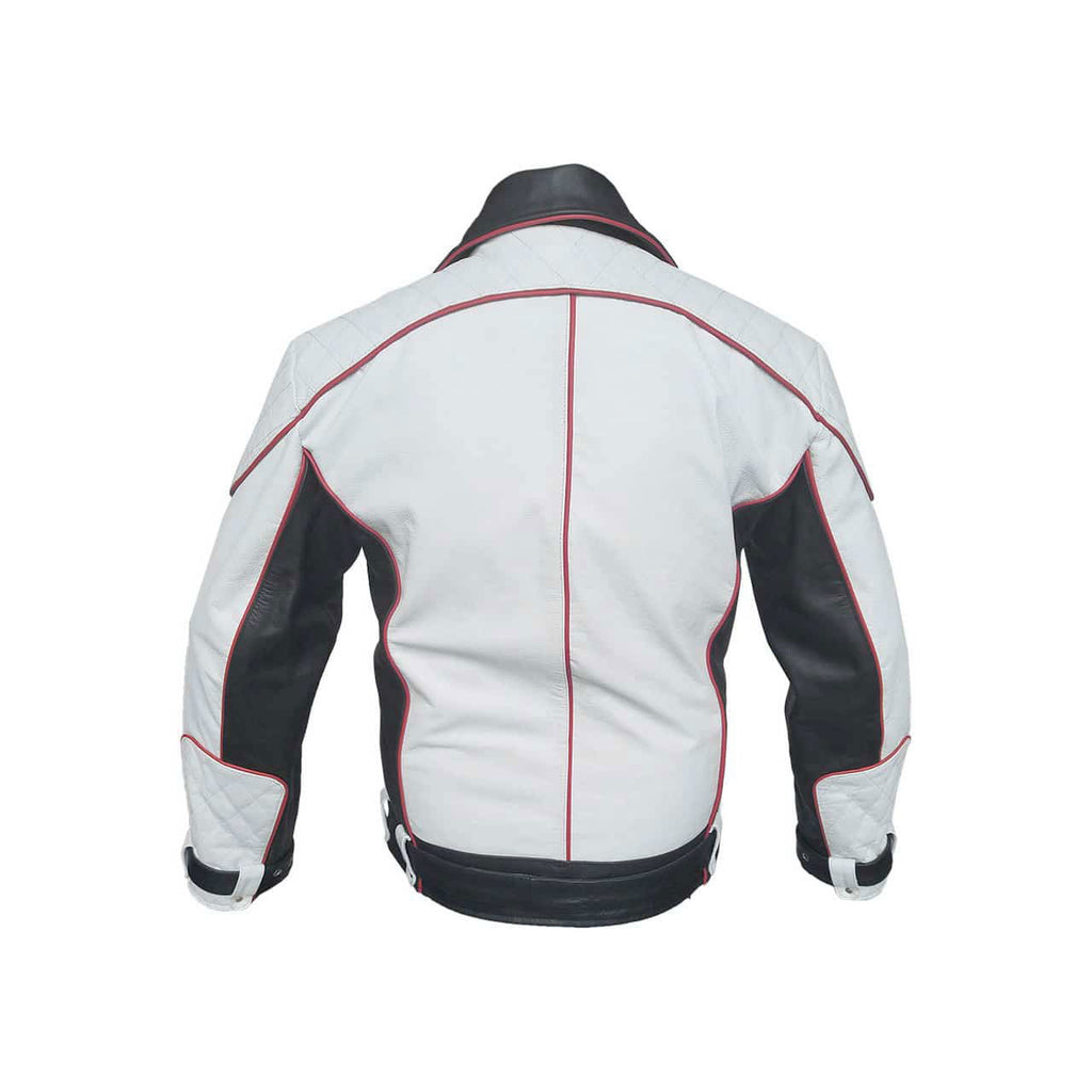 Men's Black & White Leather Racer Jacket – Red Piping, view 3