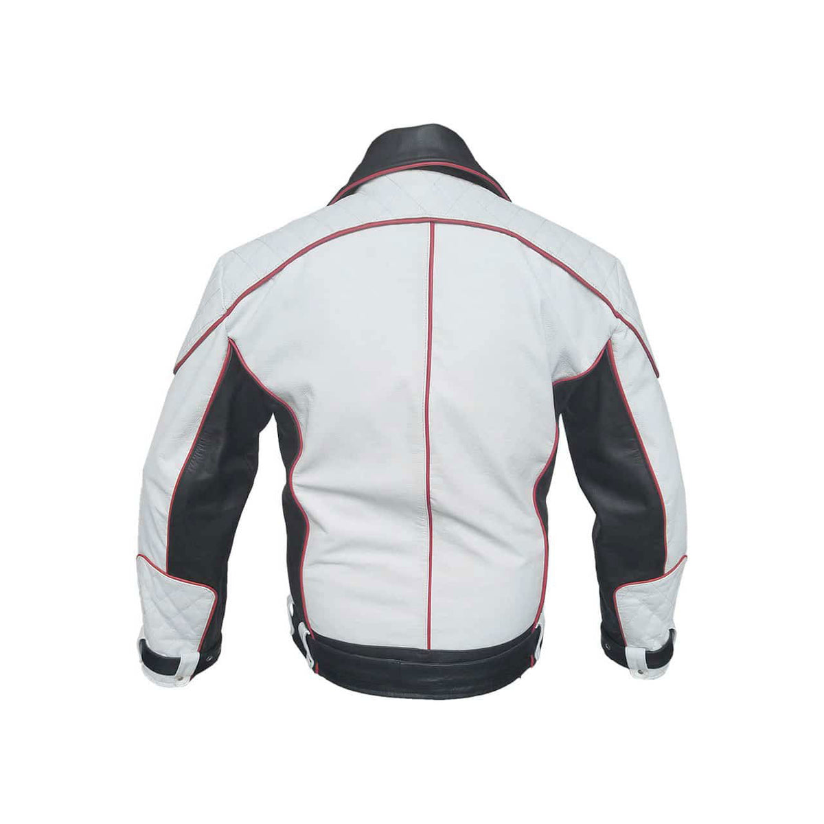 Men's Black & White Leather Racer Jacket – Red Piping, view 3