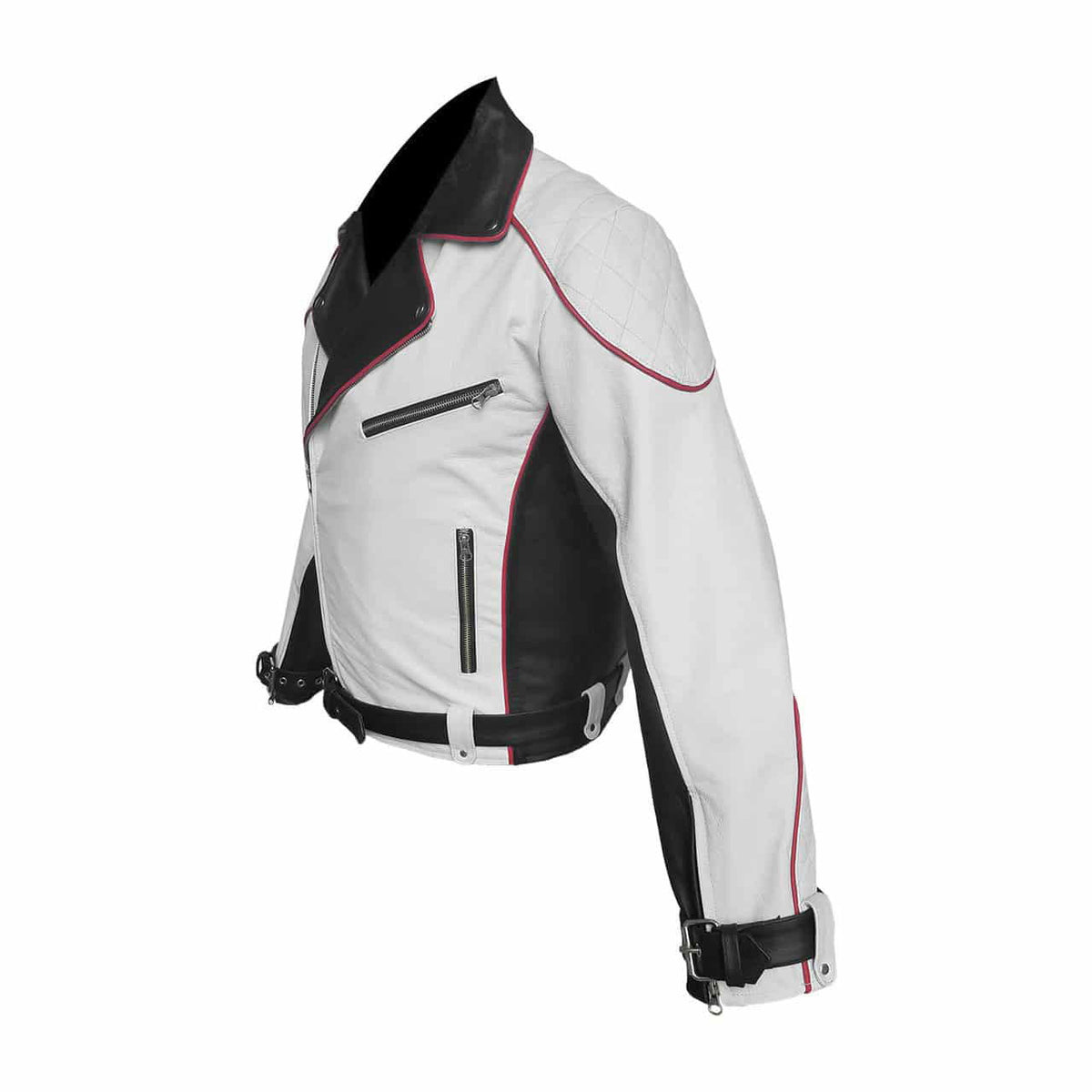 Men's Black & White Leather Racer Jacket – Red Piping, view 4
