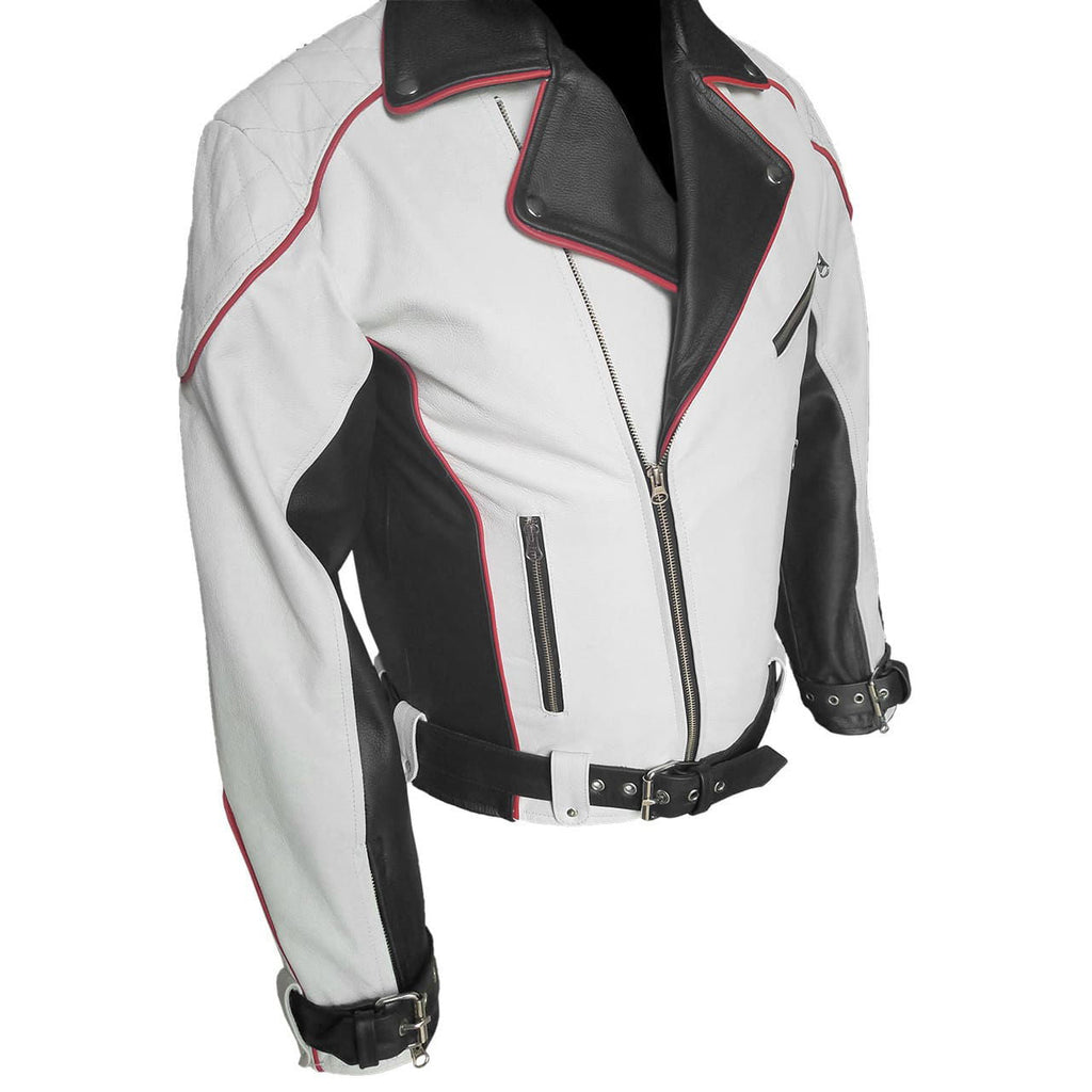 Men's Black & White Leather Racer Jacket – Red Piping, view 5