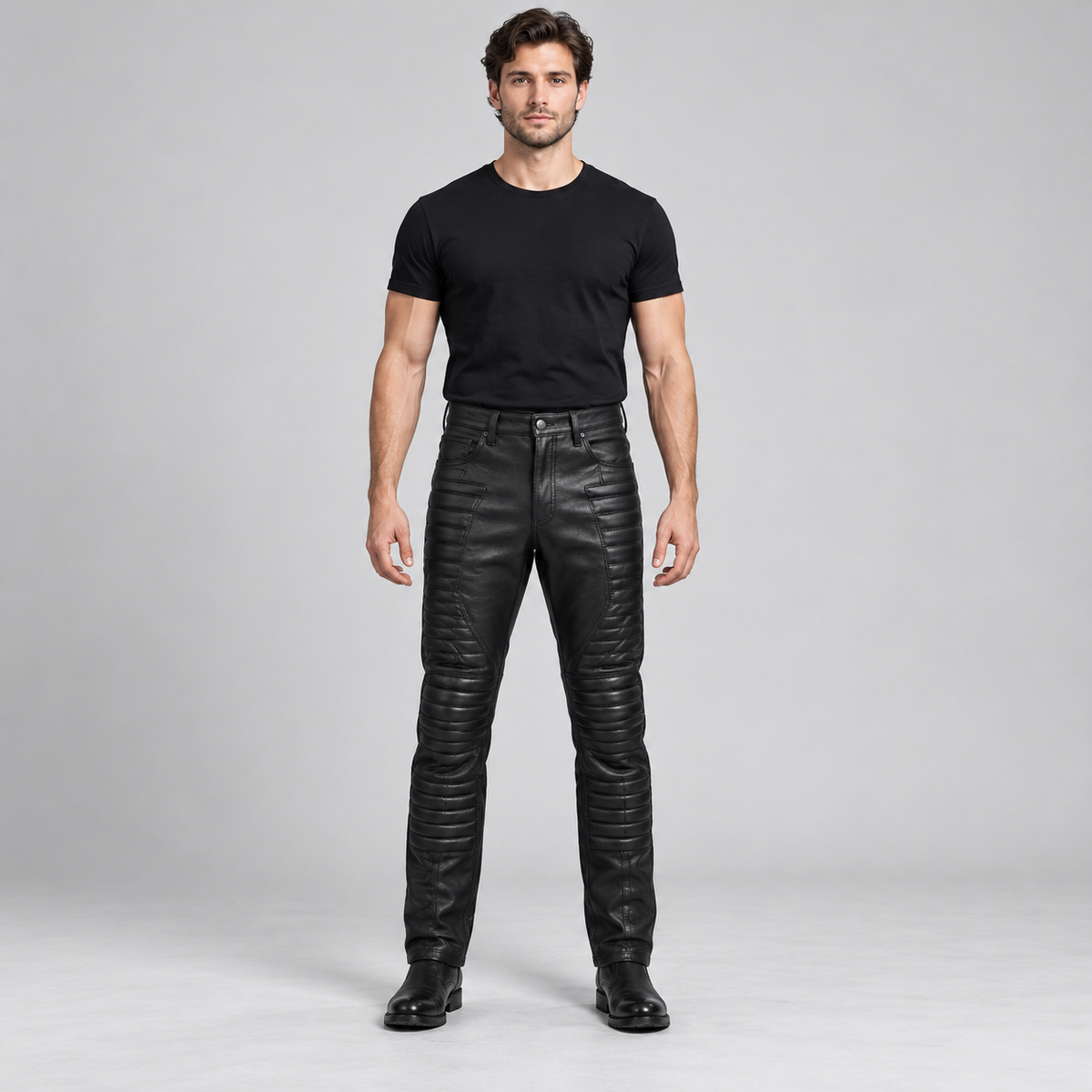 Men's Black Croc-Print Leather Biker Trousers – Quilted Knees