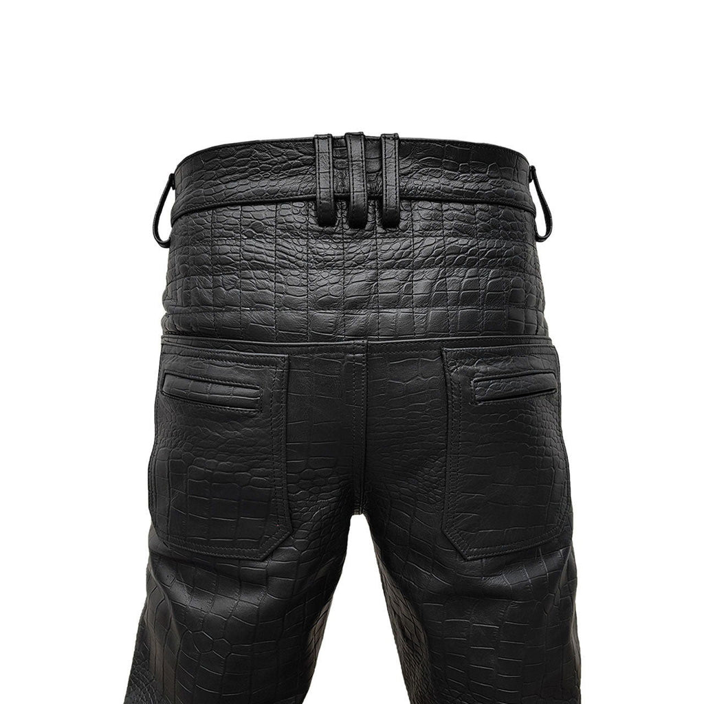 Men's Black Croc-Print Leather Biker Trousers – Quilted Knees, view 11