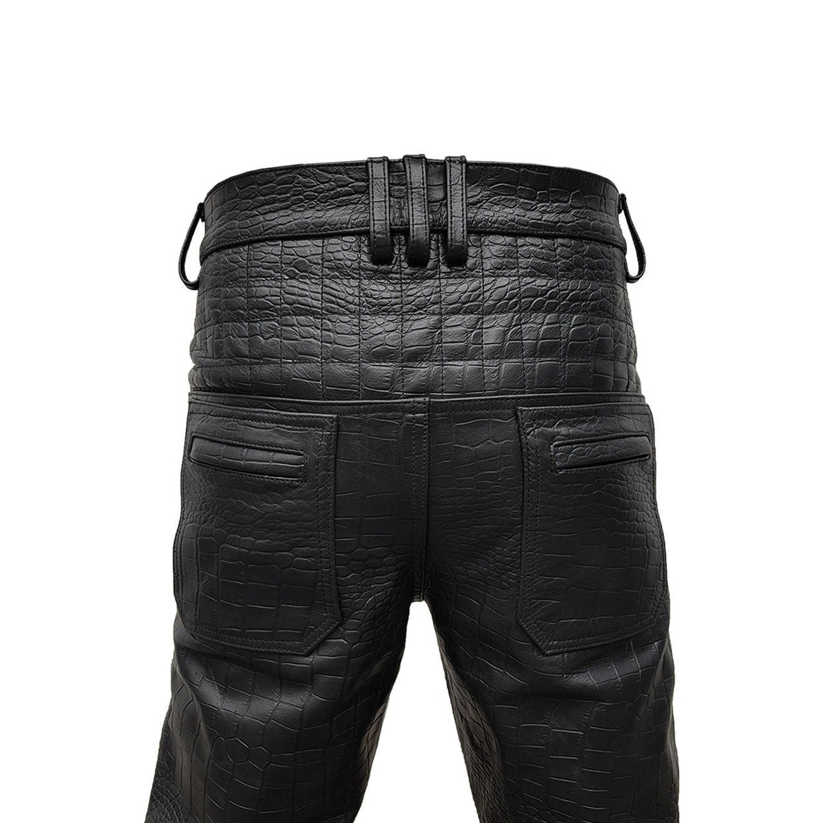 Men's Black Croc-Print Leather Biker Trousers – Quilted Knees, view 11