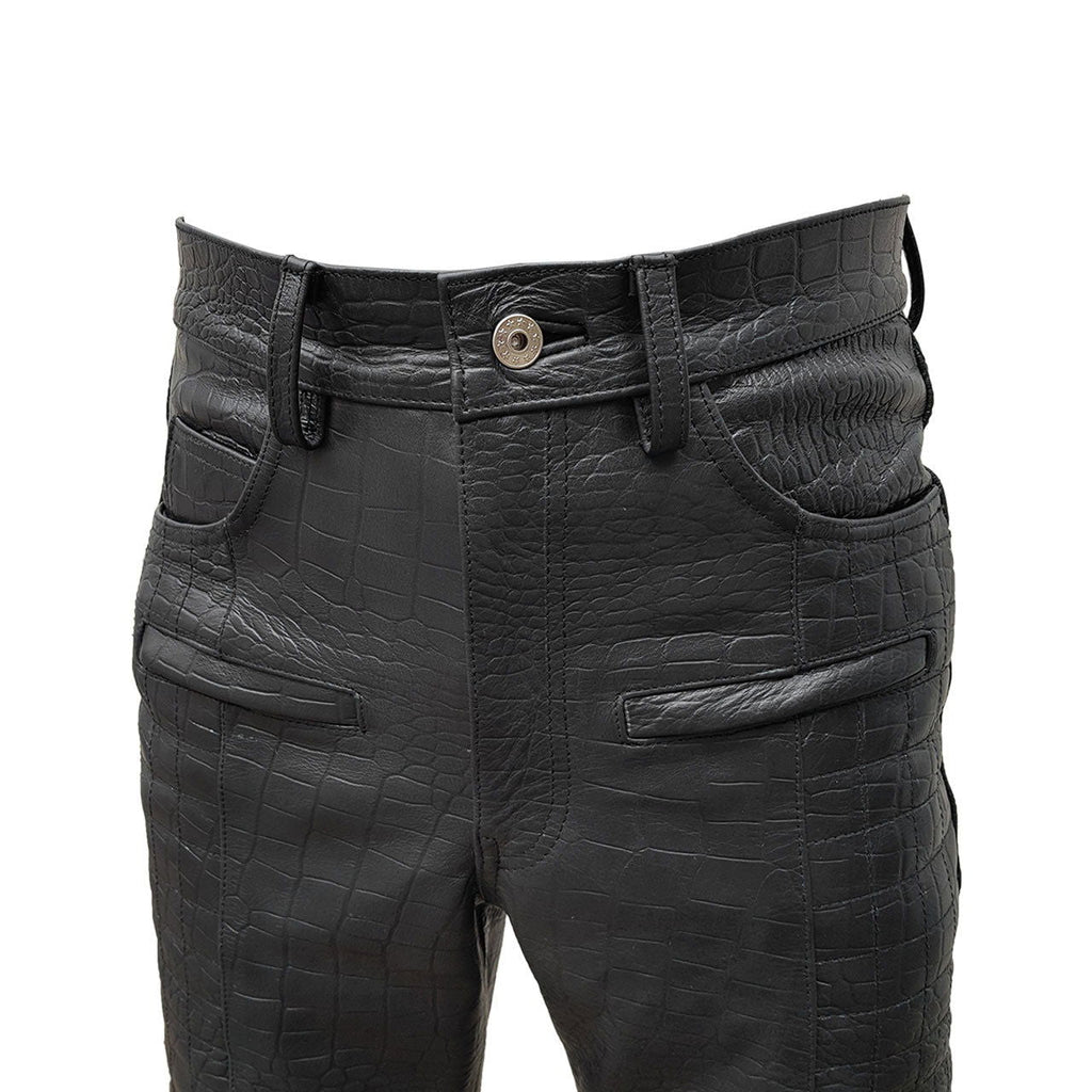 Men's Black Croc-Print Leather Biker Trousers – Quilted Knees, view 12