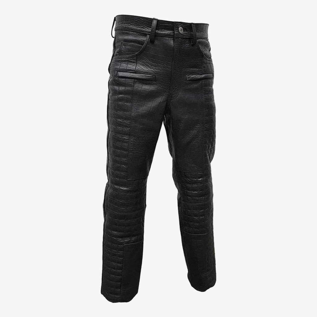 Men's Black Croc-Print Leather Biker Trousers – Quilted Knees, view 2