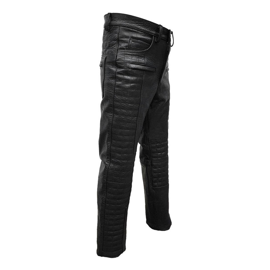 Men's Black Croc-Print Leather Biker Trousers – Quilted Knees, view 3