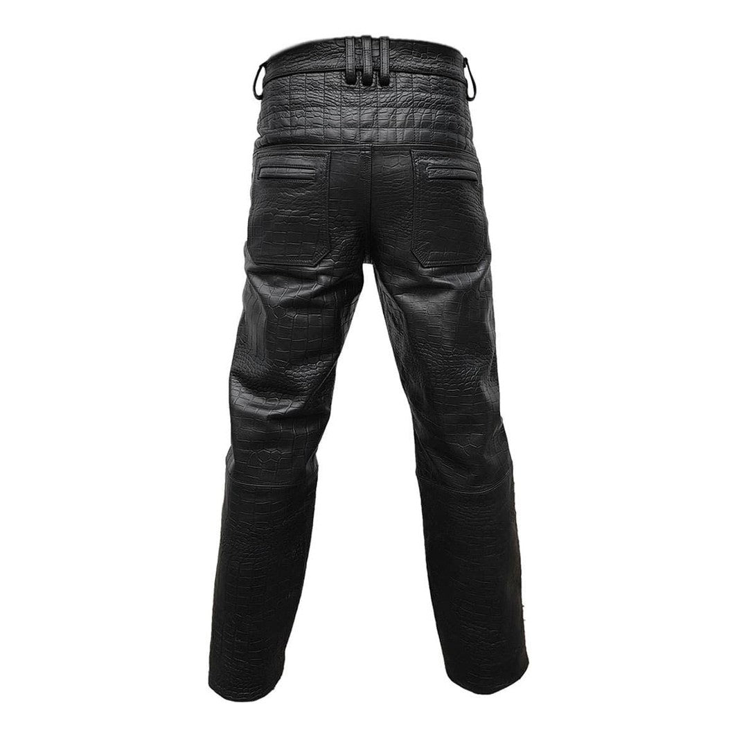 Men's Black Croc-Print Leather Biker Trousers – Quilted Knees, view 4