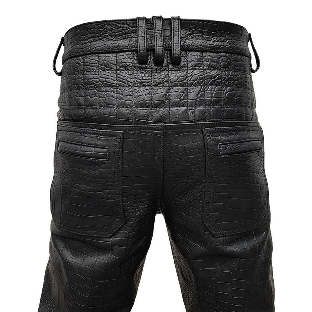 Men's Black Croc-Print Leather Biker Trousers – Quilted Knees, view 5