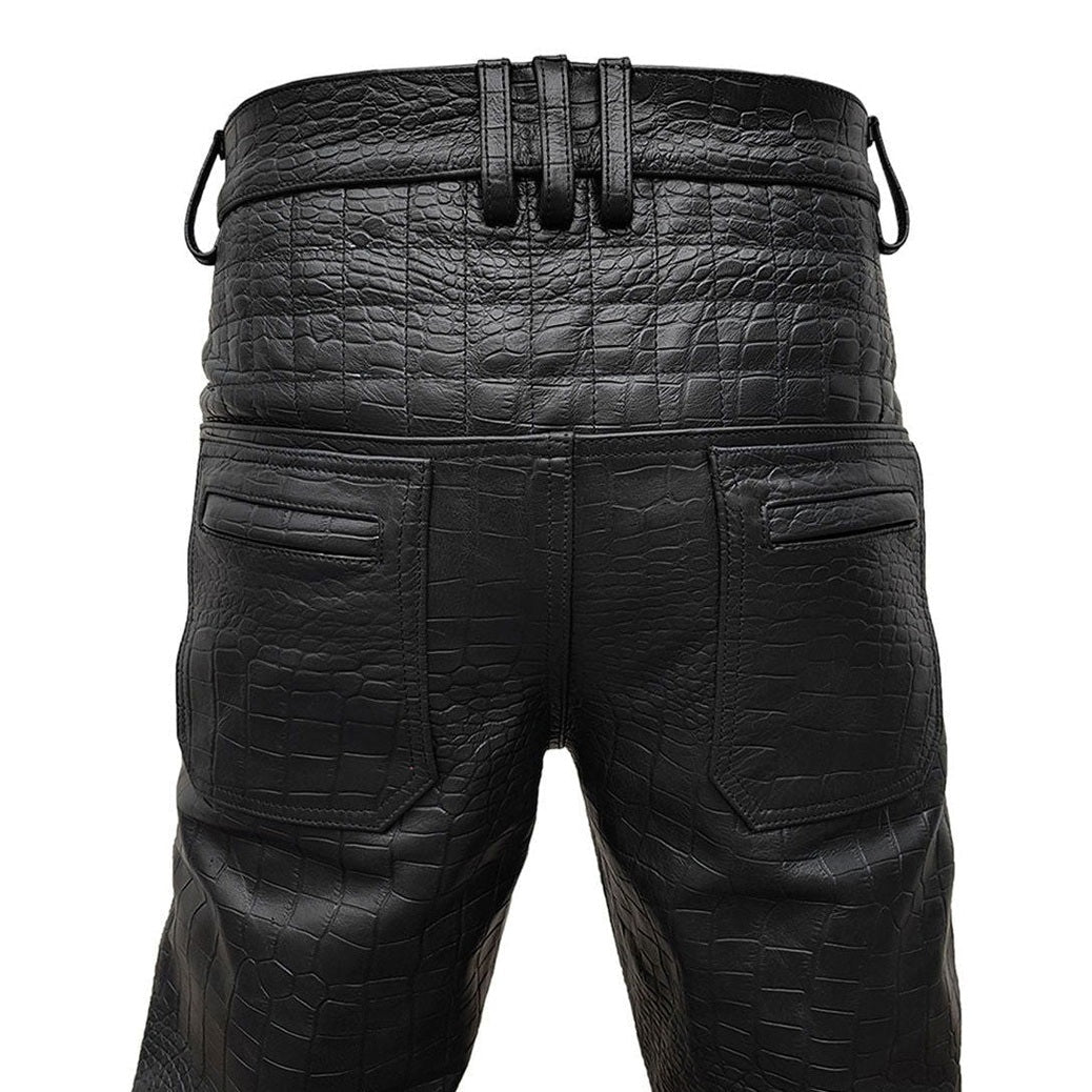 Men's Black Croc-Print Leather Biker Trousers – Quilted Knees, view 5