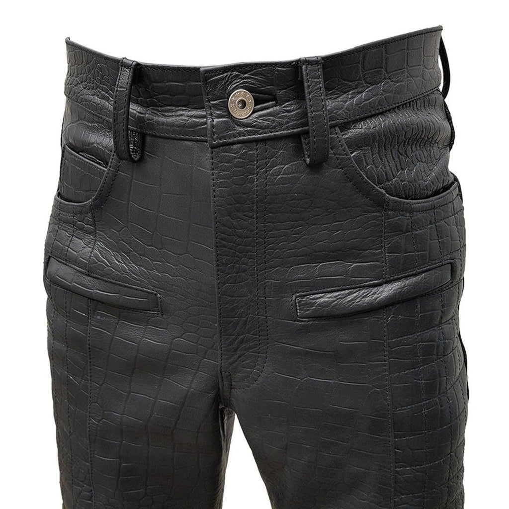 Men's Black Croc-Print Leather Biker Trousers – Quilted Knees, view 6