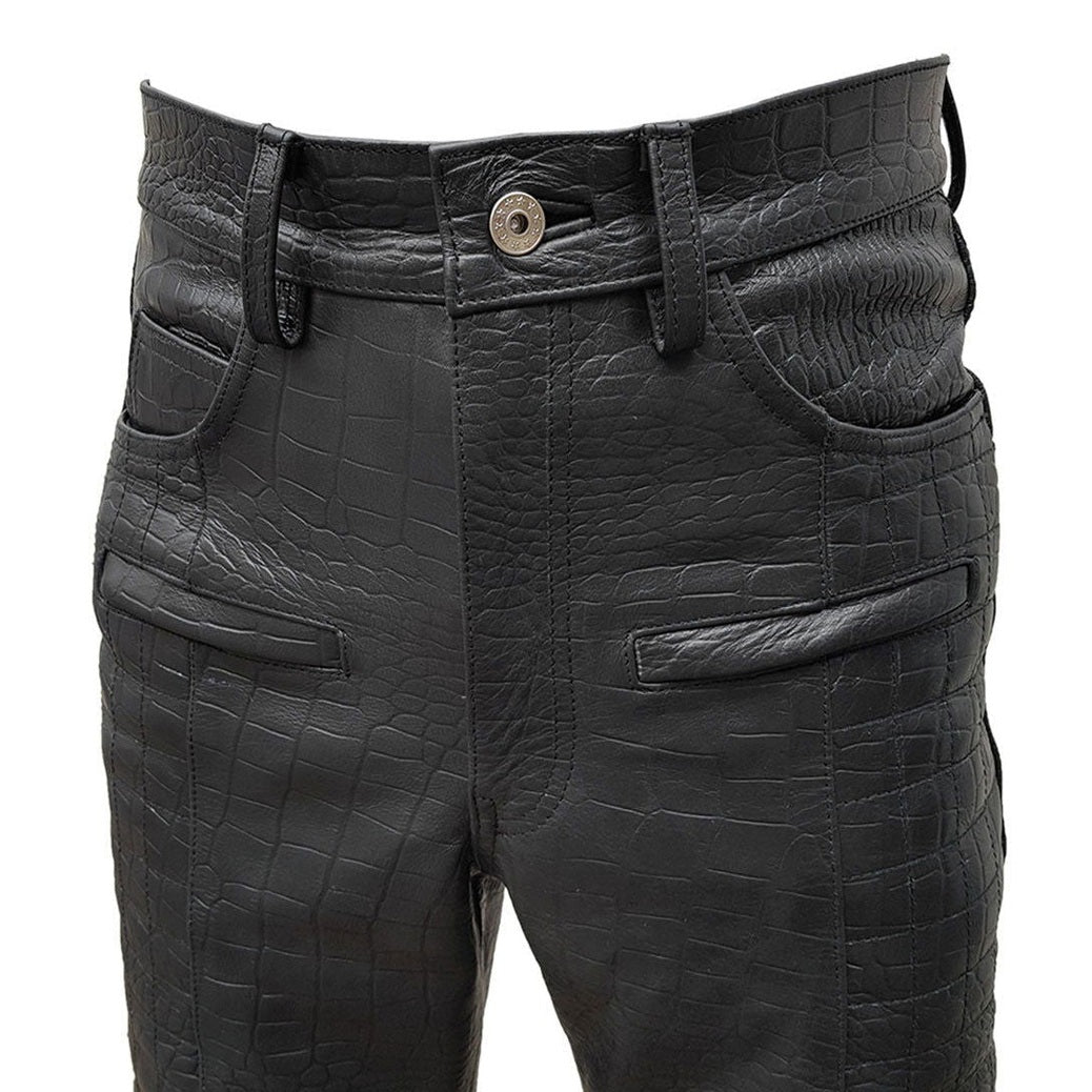 Men's Black Croc-Print Leather Biker Trousers – Quilted Knees, view 6