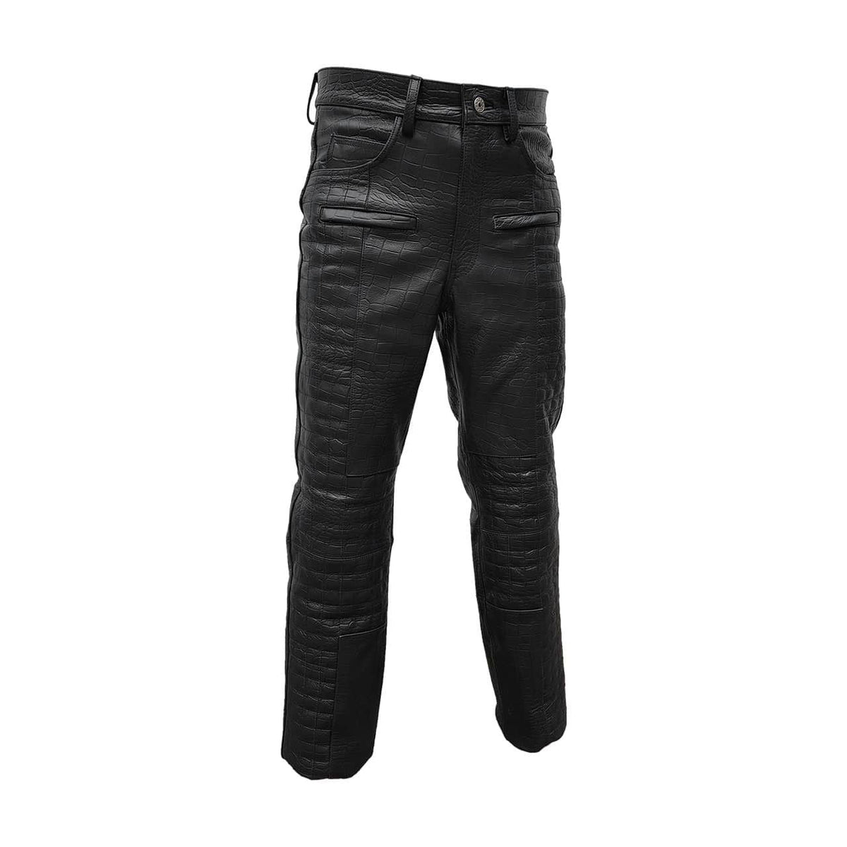 Men's Black Croc-Print Leather Biker Trousers – Quilted Knees, view 7