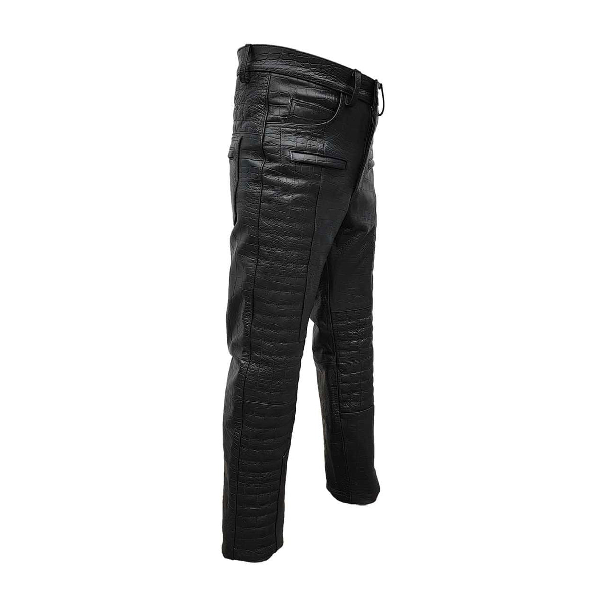 Men's Black Croc-Print Leather Biker Trousers – Quilted Knees, view 8