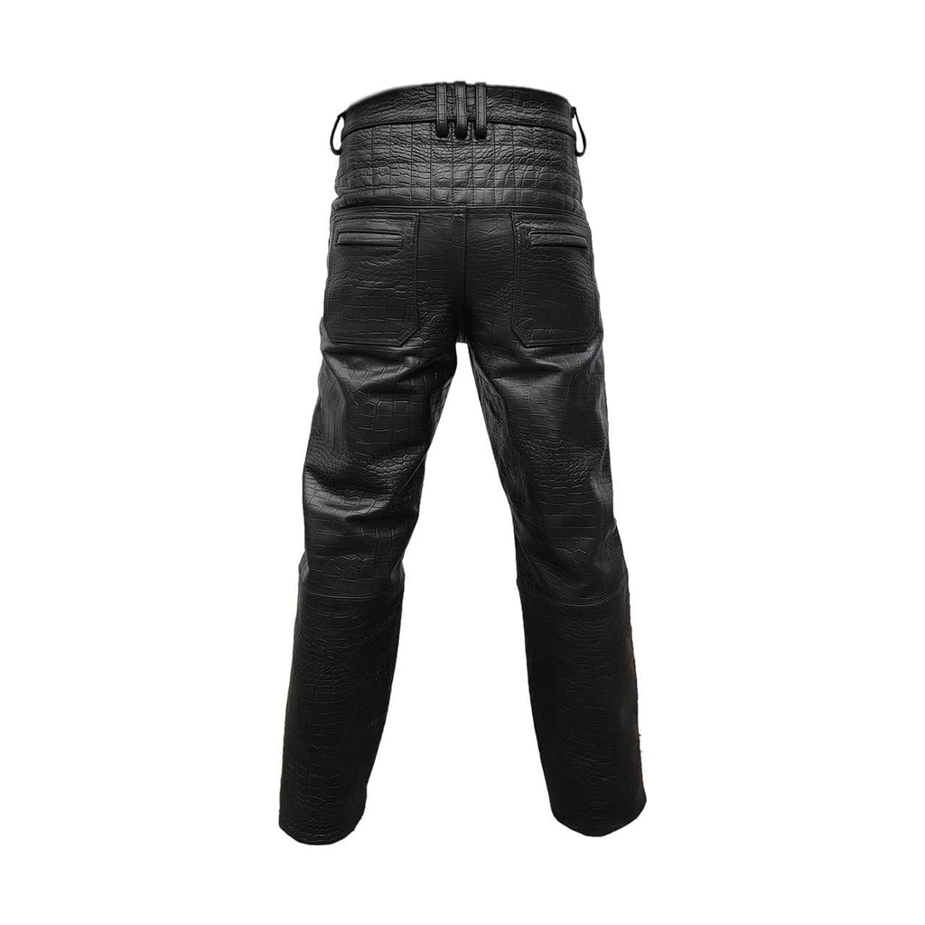 Men's Black Croc-Print Leather Biker Trousers – Quilted Knees, view 9