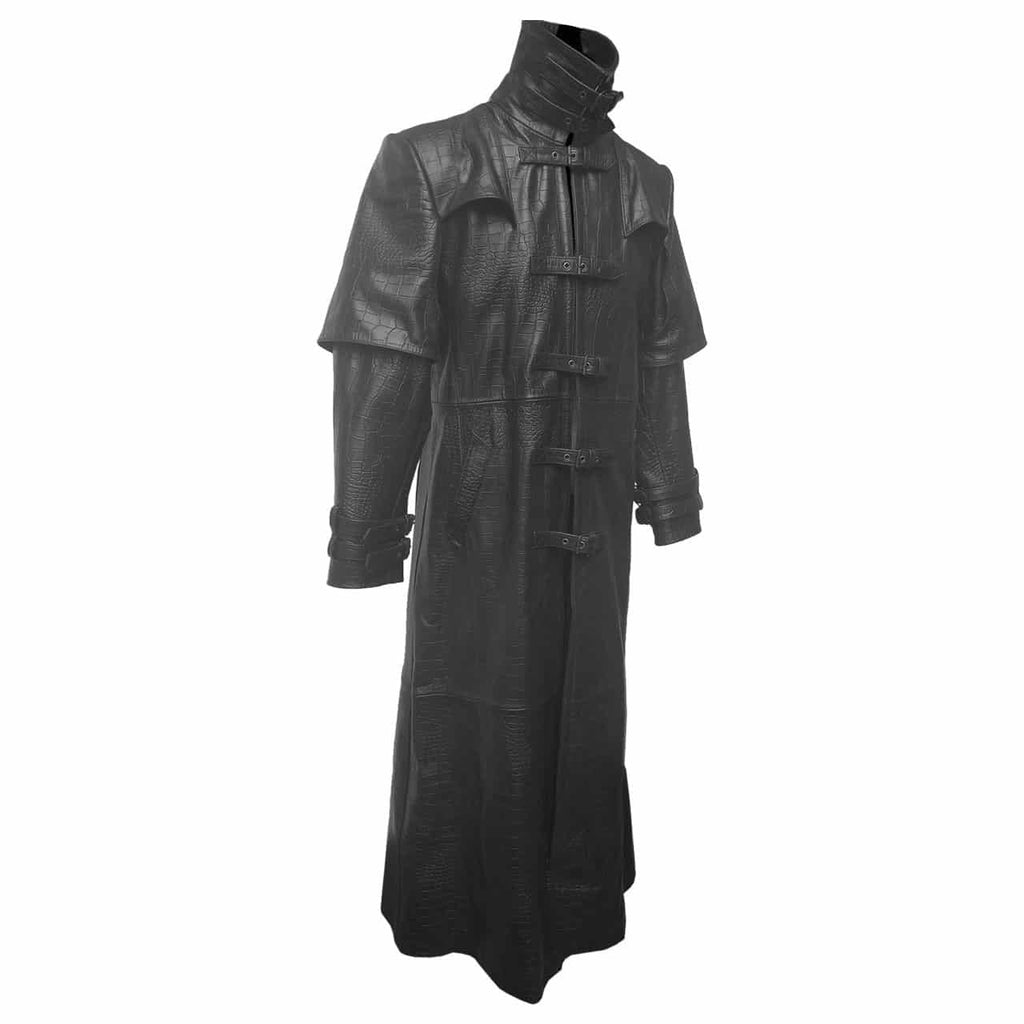 Men's Black Croc-Print Leather Caped Duster