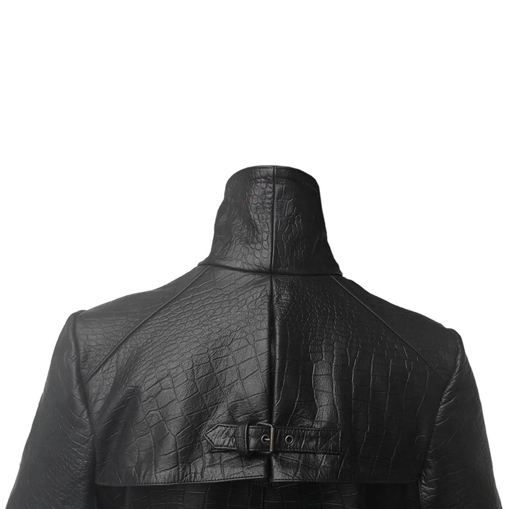Men's Black Croc-Print Leather Caped Duster, view 5