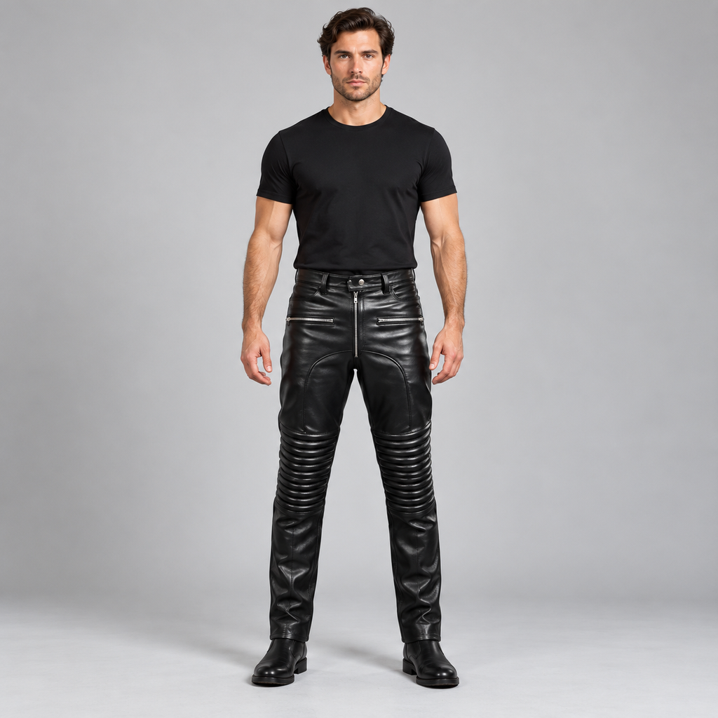 Men's Black Croc-Print Leather Five-Pocket Jeans