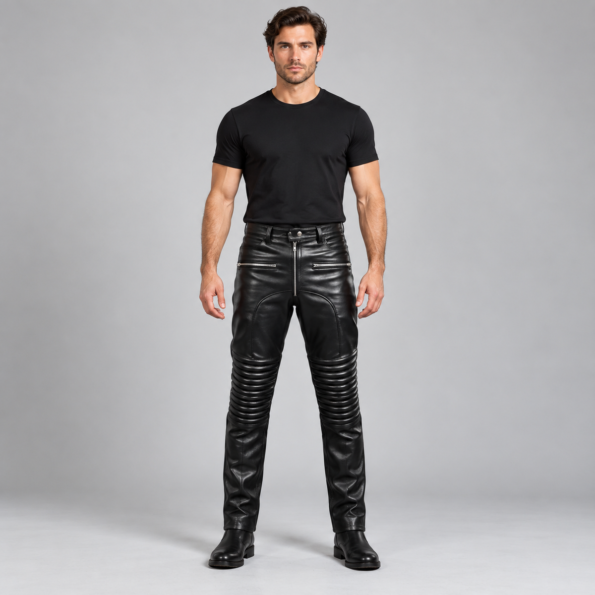 Men's Black Croc-Print Leather Five-Pocket Jeans