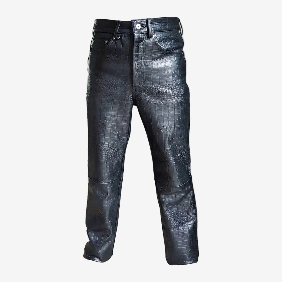 Men's Black Croc-Print Leather Five-Pocket Jeans, view 2