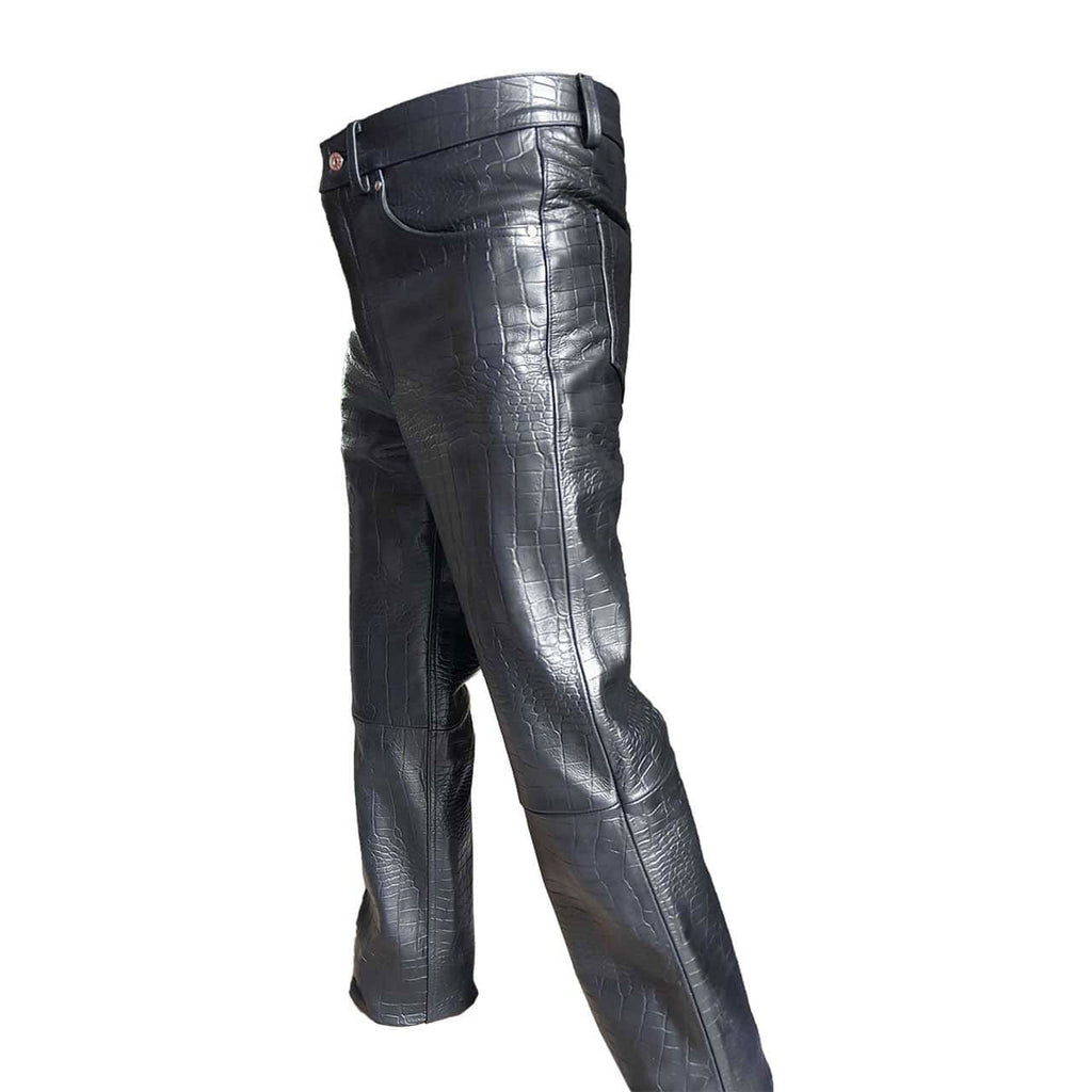 Men's Black Croc-Print Leather Five-Pocket Jeans, view 3