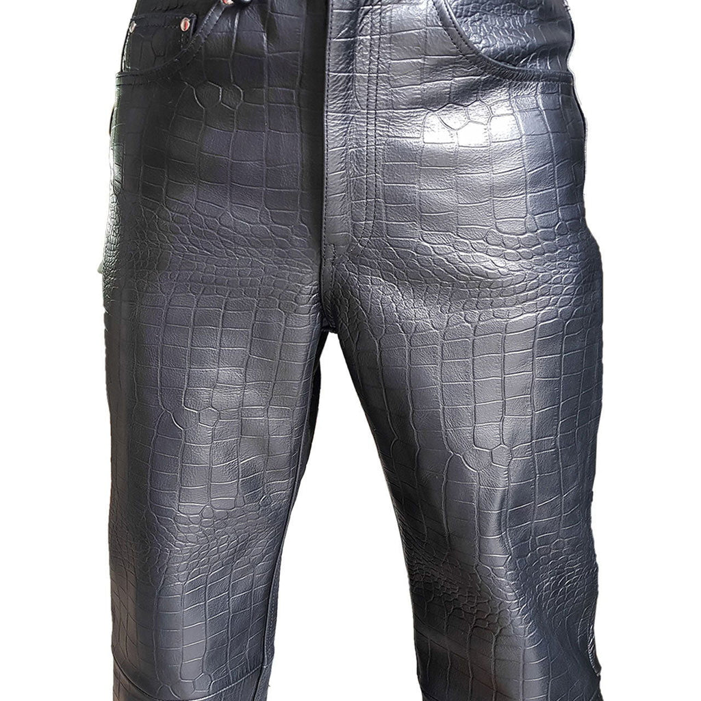Men's Black Croc-Print Leather Five-Pocket Jeans, view 4