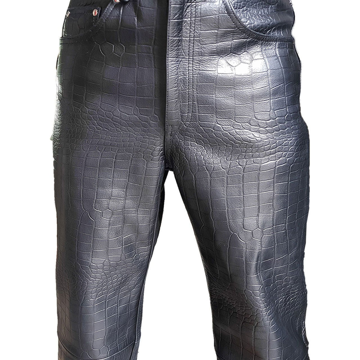 Men's Black Croc-Print Leather Five-Pocket Jeans, view 4