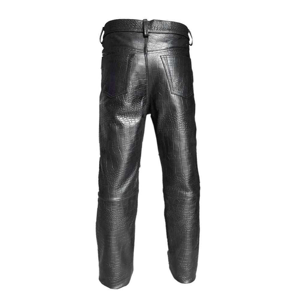 Men's Black Croc-Print Leather Five-Pocket Jeans, view 5