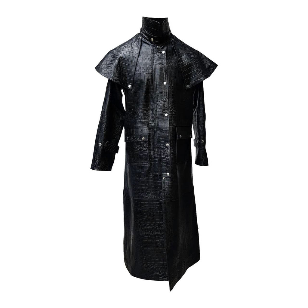 Men's Black Croc-Print Leather Riding Duster