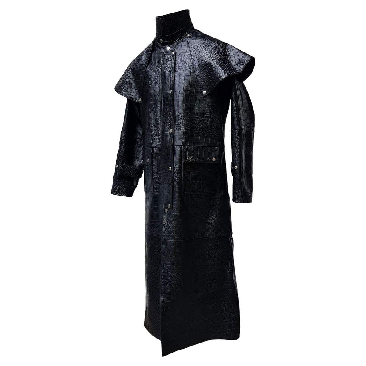 Men's Black Croc-Print Leather Riding Duster, view 4
