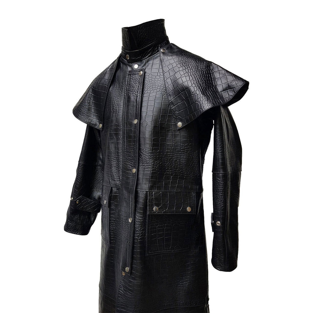Men's Black Croc-Print Leather Riding Duster, view 5