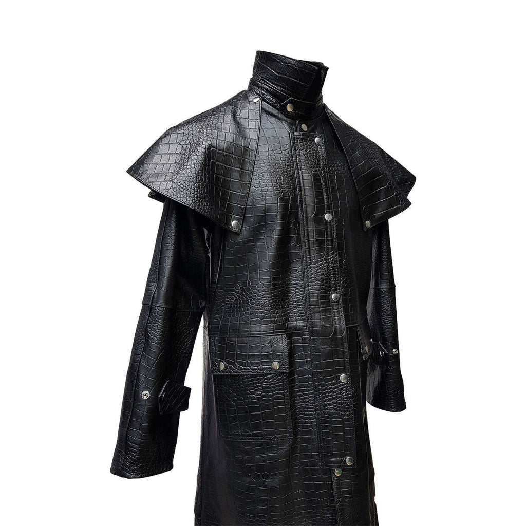 Men's Black Croc-Print Leather Riding Duster, view 6