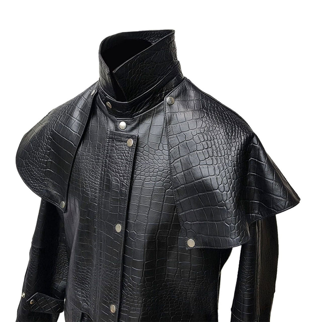 Men's Black Croc-Print Leather Riding Duster, view 8