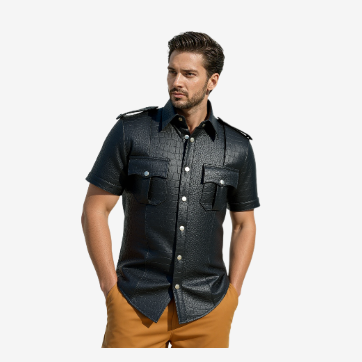 Men's Black Croc-Print Leather Uniform Shirt