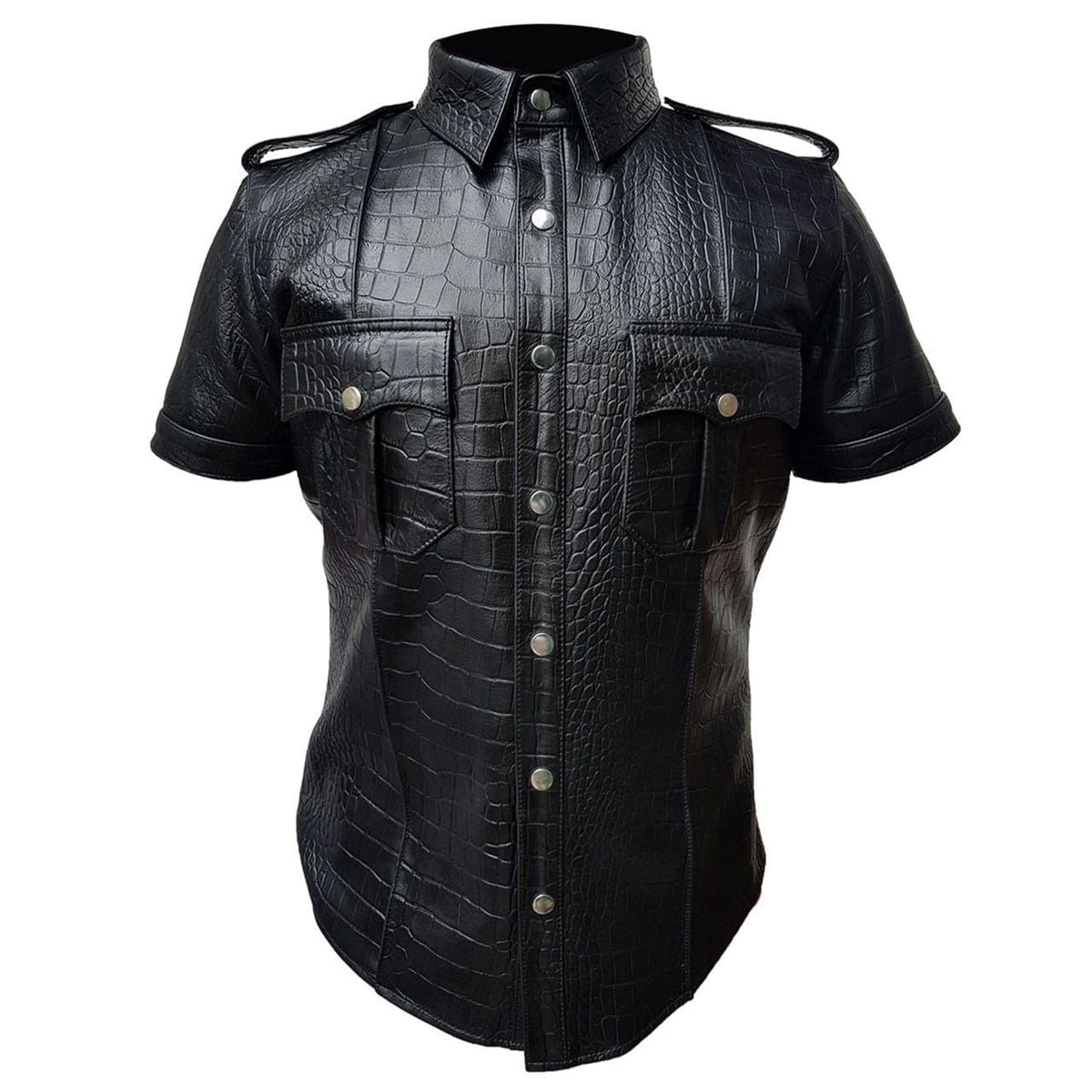 Men's Black Croc-Print Leather Uniform Shirt, view 2
