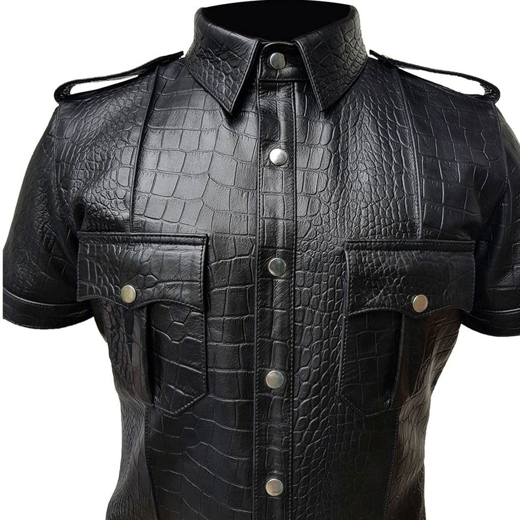 Men's Black Croc-Print Leather Uniform Shirt, view 3