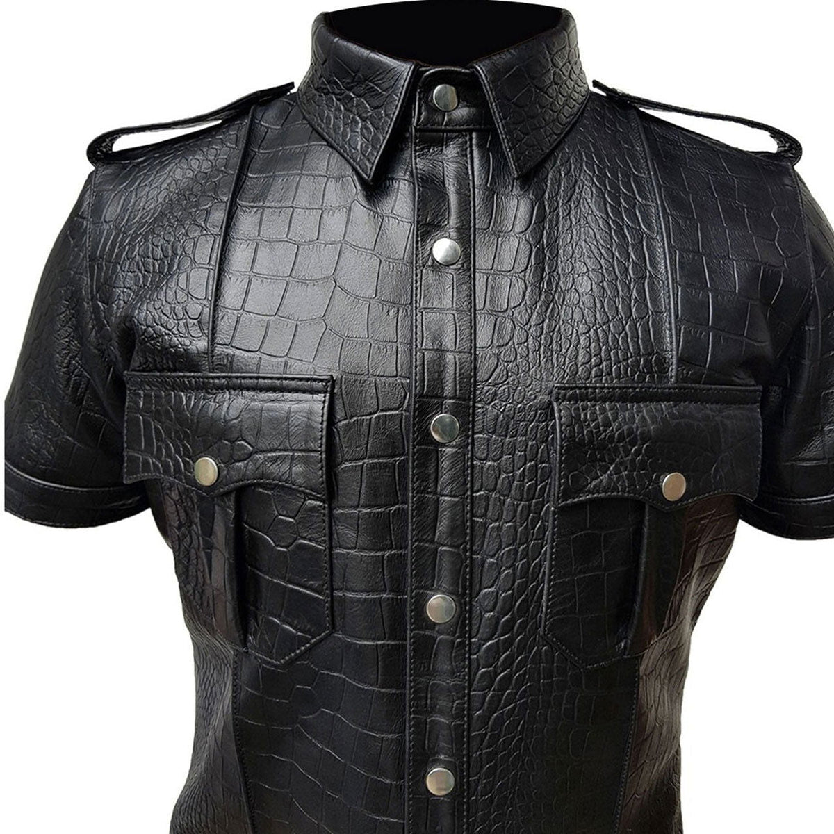 Men's Black Croc-Print Leather Uniform Shirt, view 3