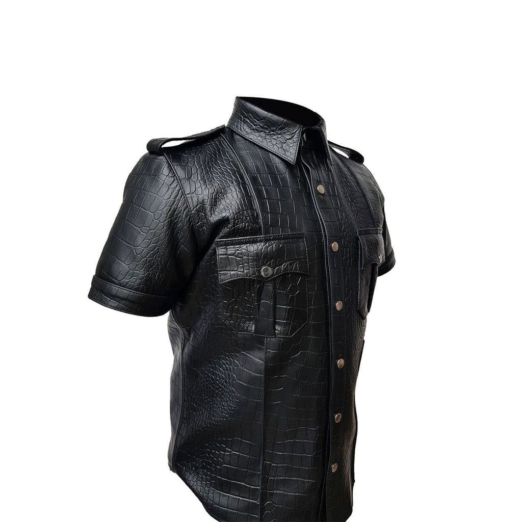 Men's Black Croc-Print Leather Uniform Shirt, view 4