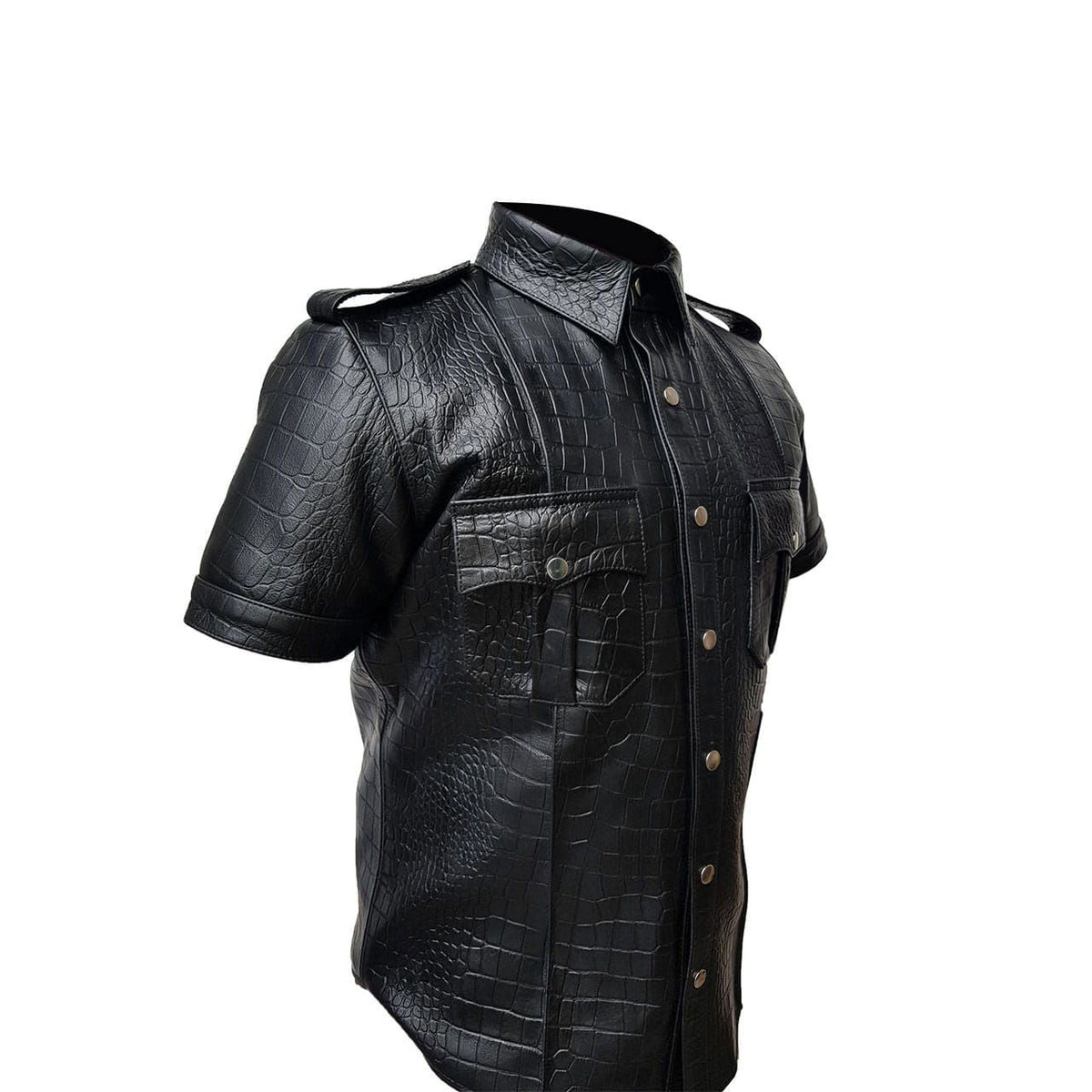 Men's Black Croc-Print Leather Uniform Shirt, view 4