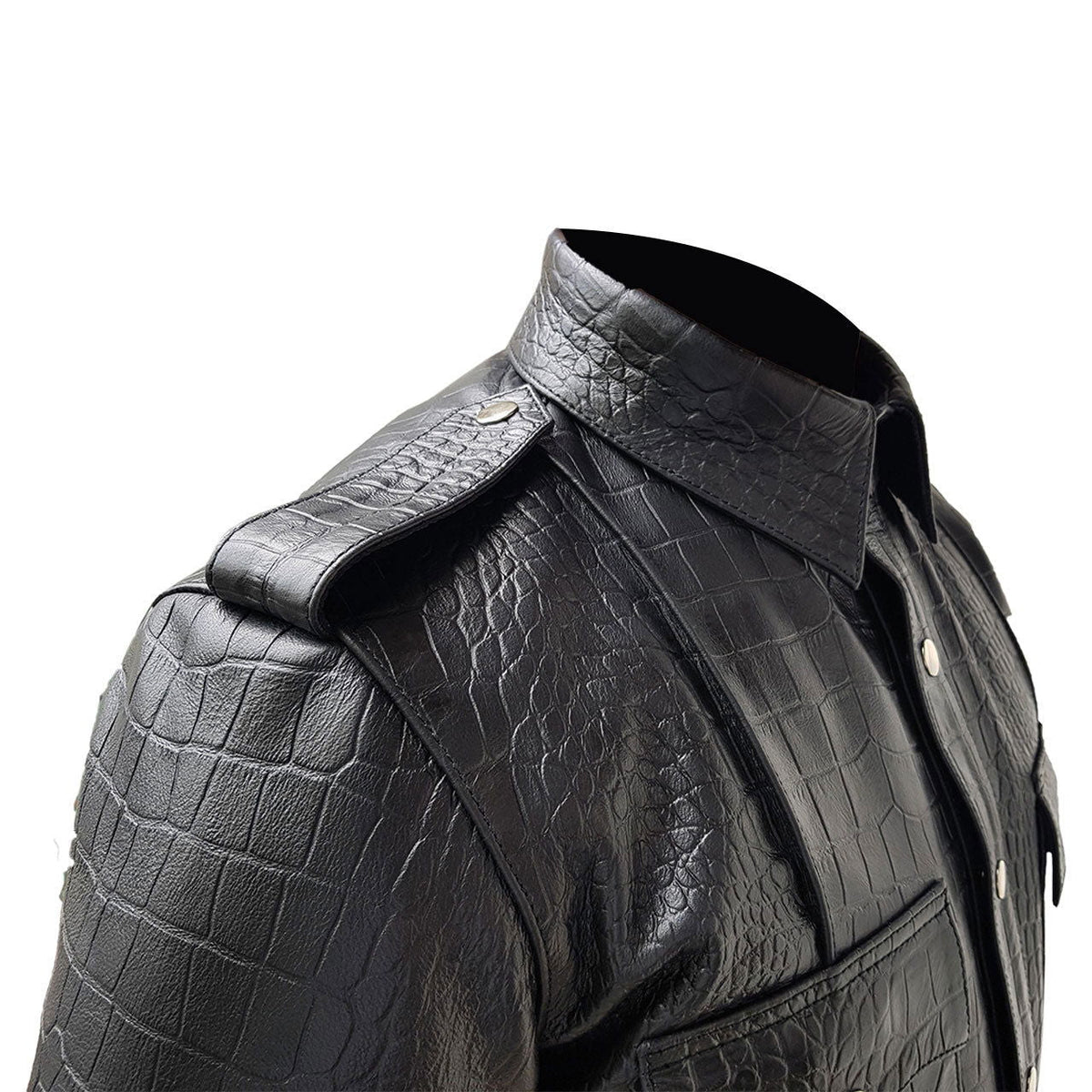 Men's Black Croc-Print Leather Uniform Shirt, view 6
