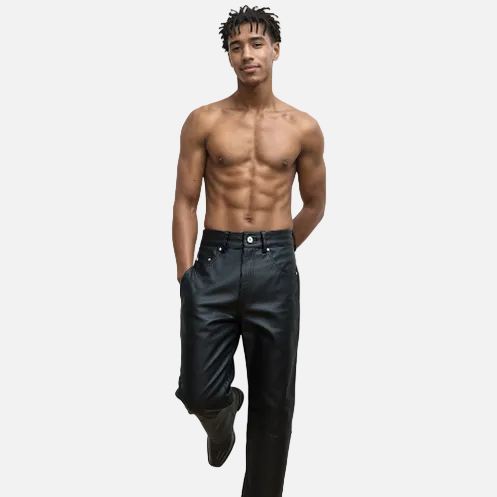 Men's Black Faux Leather Five-Pocket Jeans