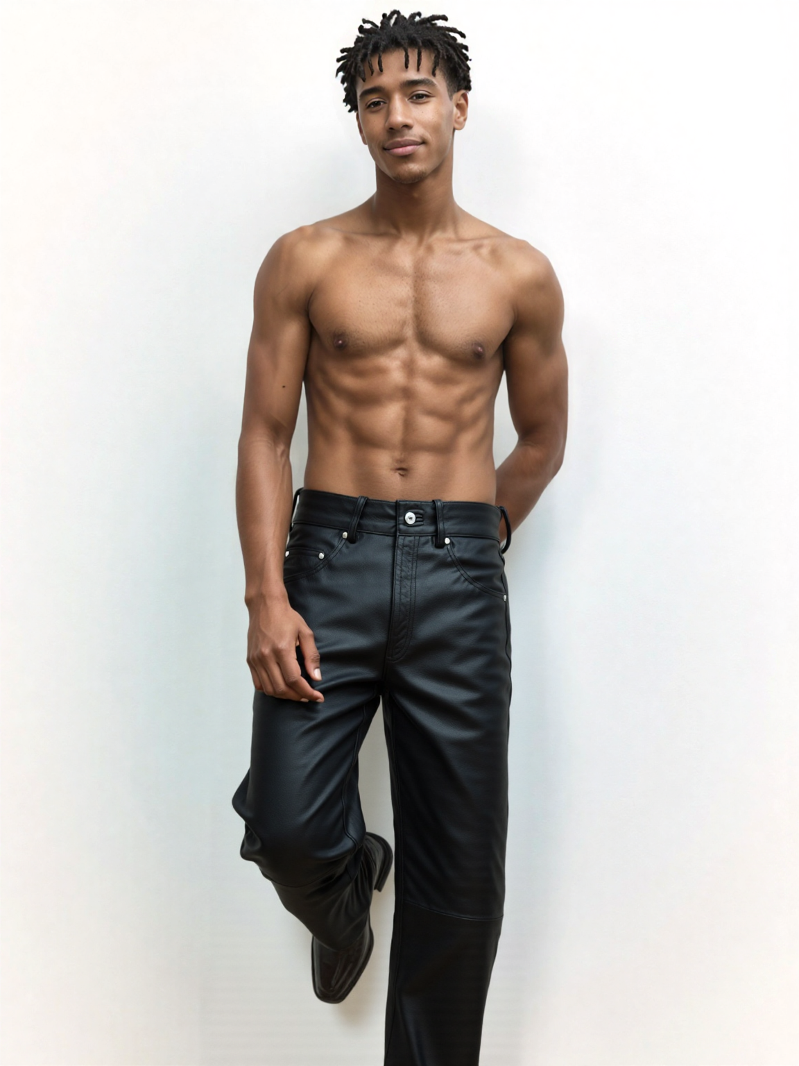Men's Black Faux Leather Five-Pocket Jeans, view 2
