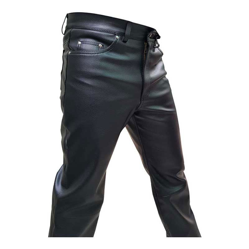 Men's Black Faux Leather Five-Pocket Jeans, view 4