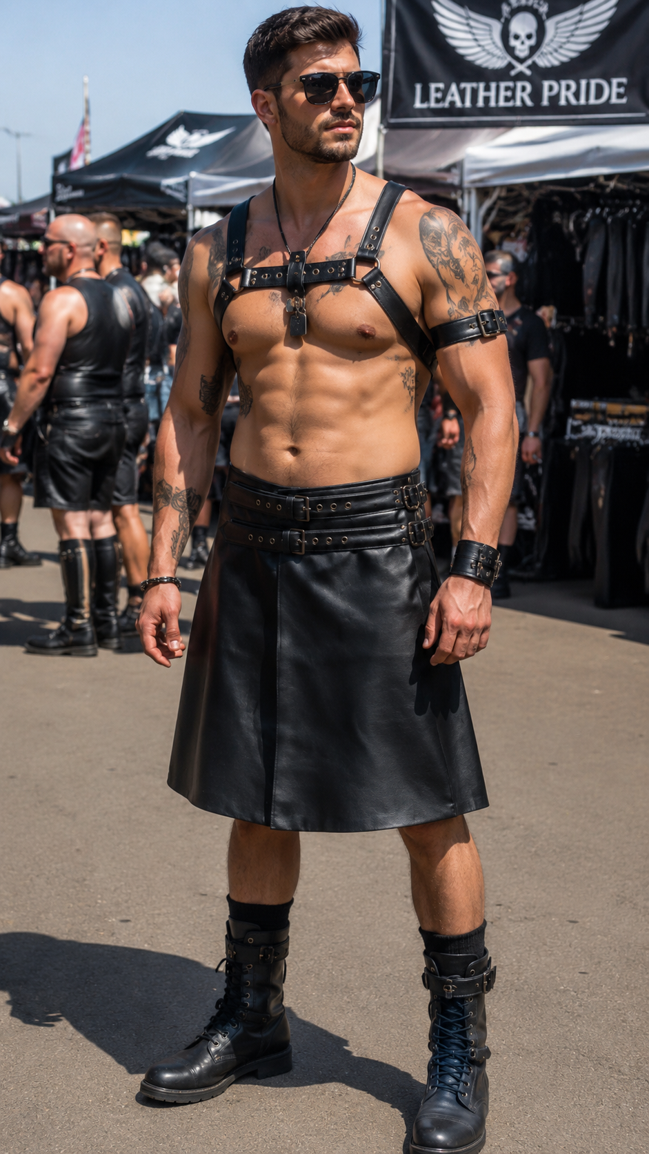Men's Black Leather A-Line Wrap Kilt
