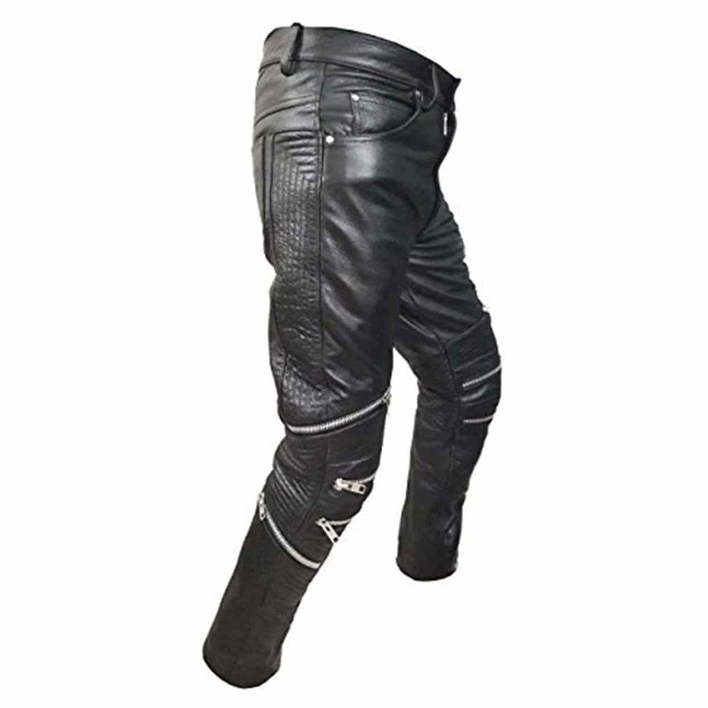 Men's Black Leather Biker Trousers – Quilted Knees, view 2